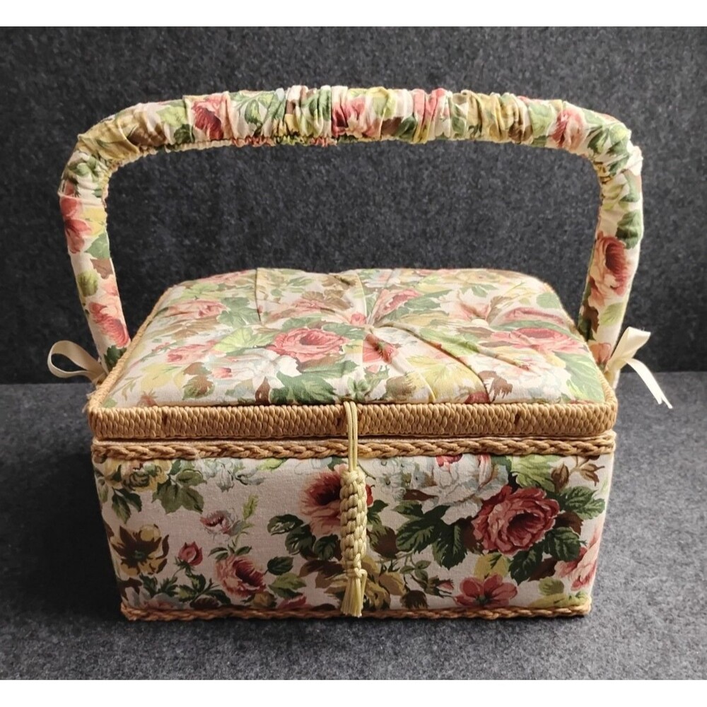Vintage Floral Fabric Sewing Box with Tray